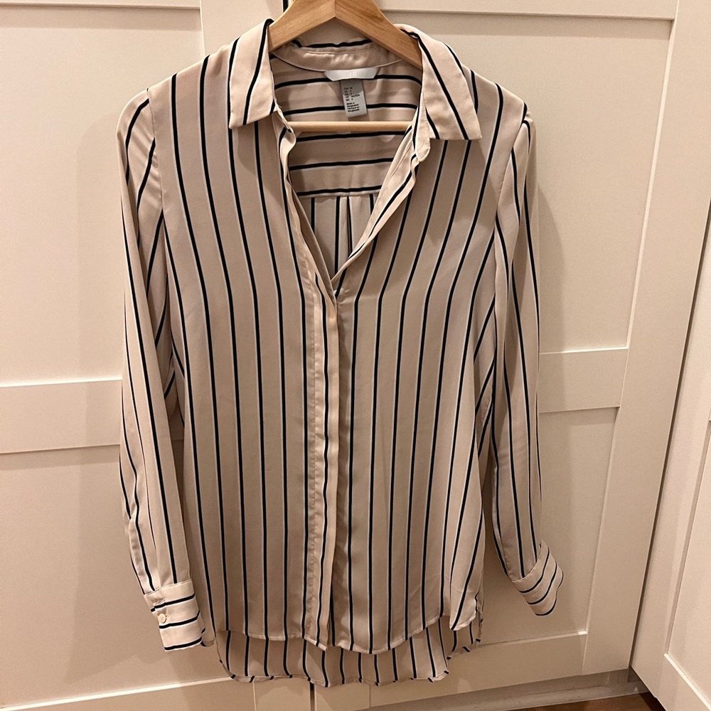 H&M Cream Button-Down Shirt with Black Vertical Stripes